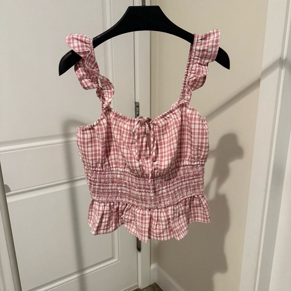 Wayf Pink Checkered Ruffle Top size S